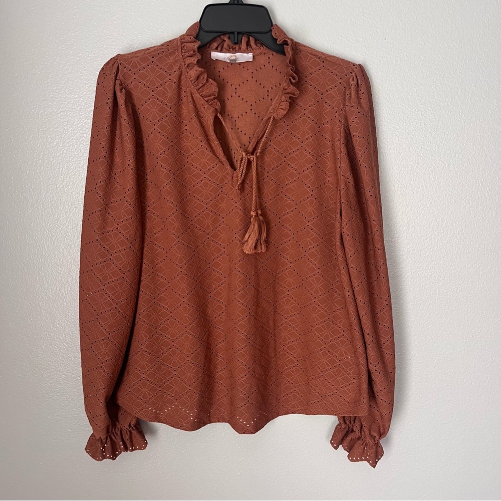 Melograno Rico Women Casual Lantern Sleeve V Neck Large Burnt Orange‎ Top Blouse